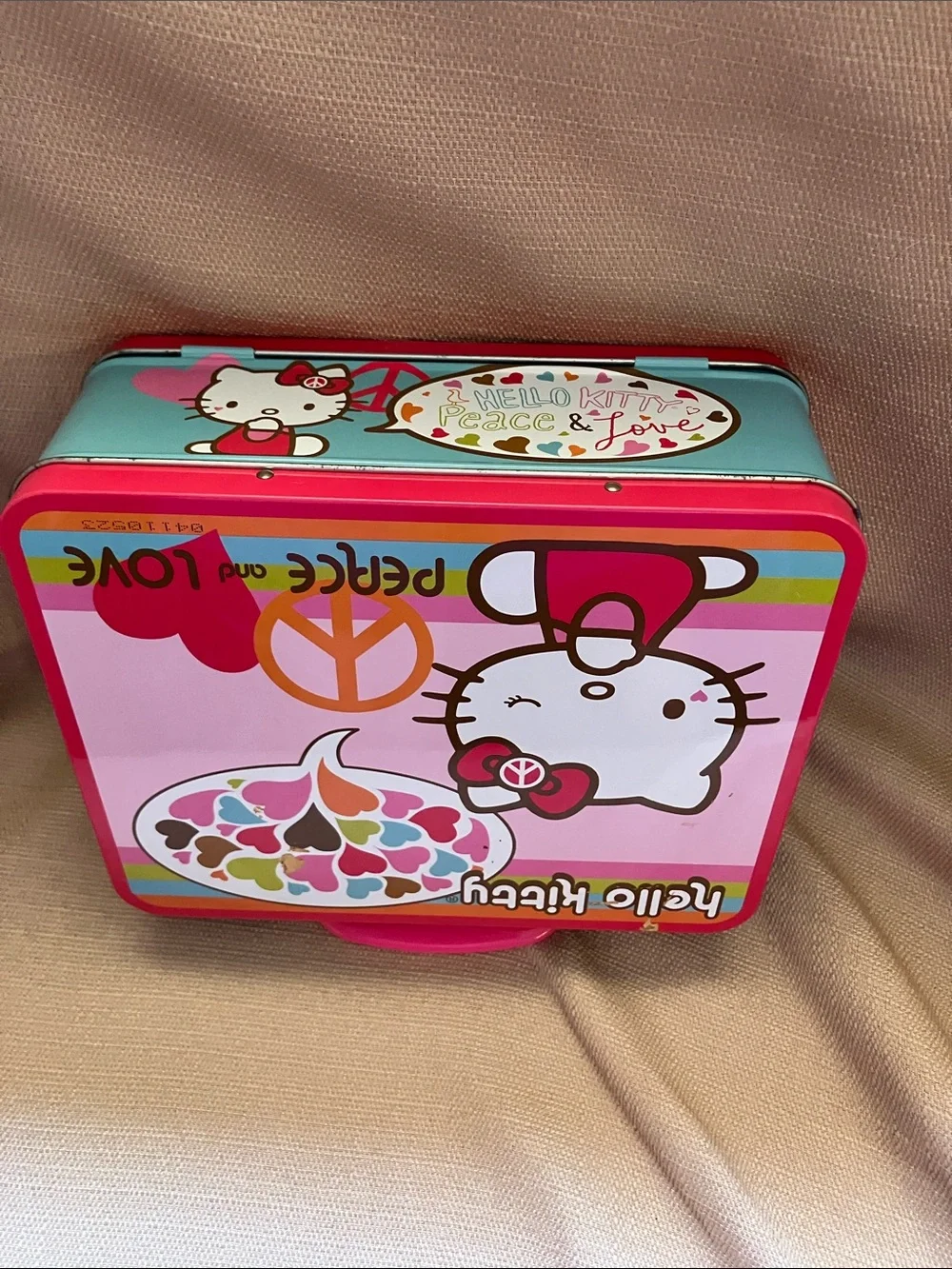 Hello Kitty Pink Puzzle Multicolor Heart Peace Tin Lunch Box
